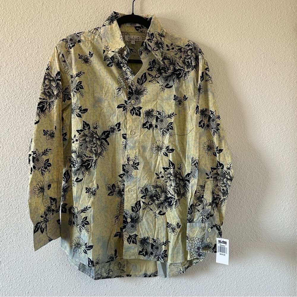 RON CHERE SKIN Men’s Buttons Up Medium Yellow Blue Floral Print Date Dressy